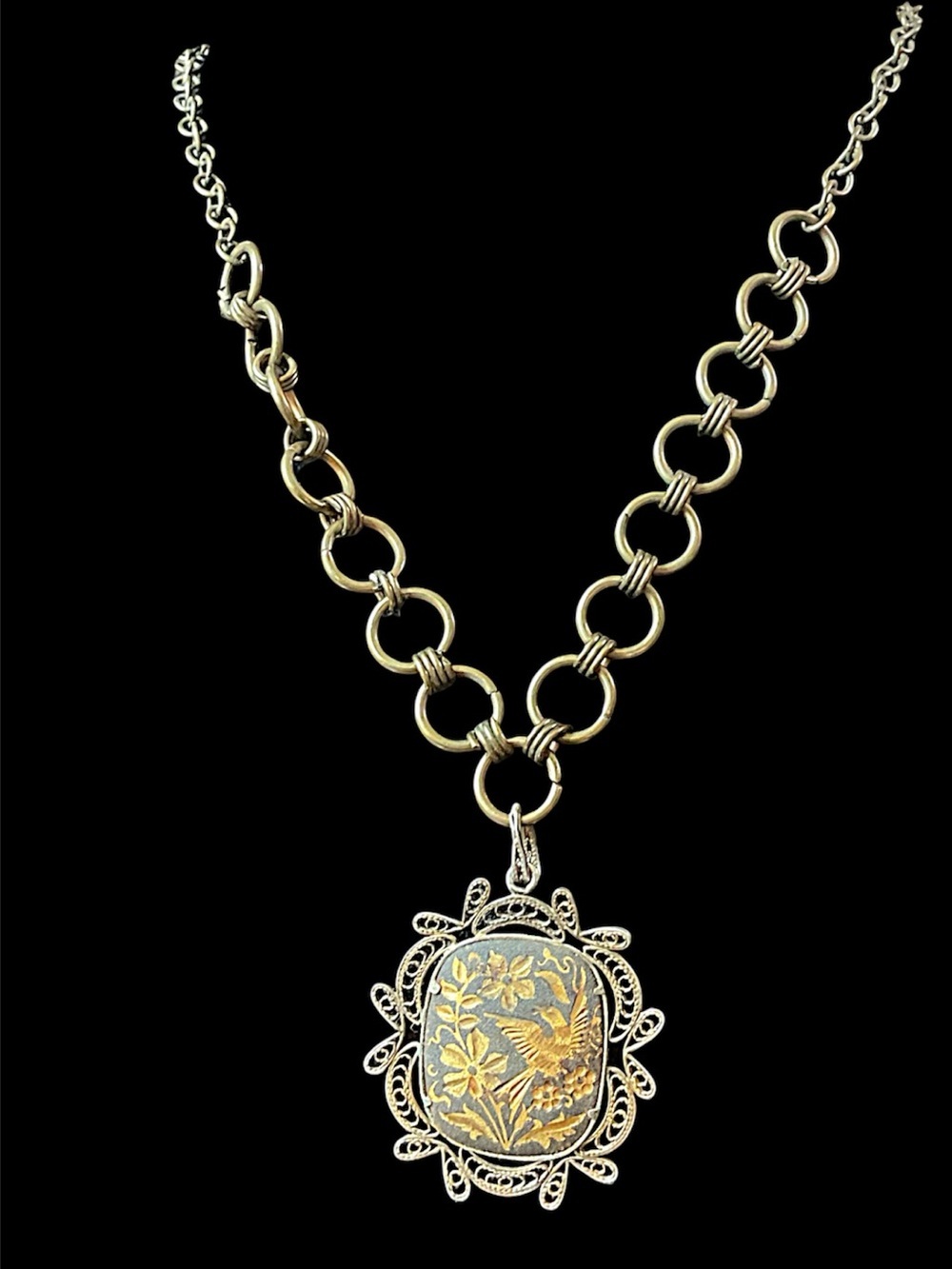 Vintage Damascene Filigree Necklace 32”